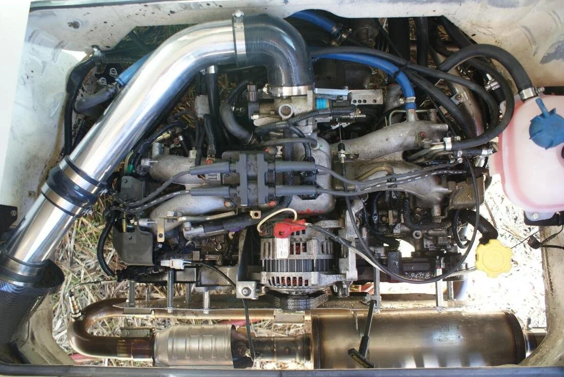 A Subaru engine conversion installed in a Vanagon engine bay