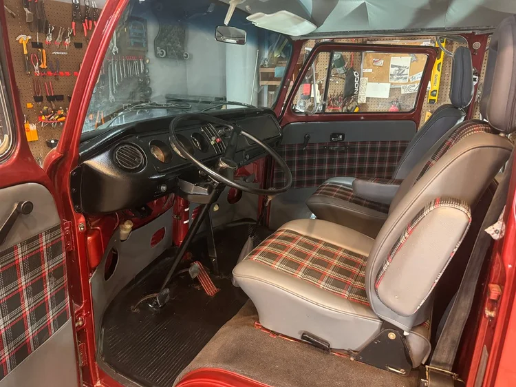 Volkswagen van cab with brown plaid seat inserts