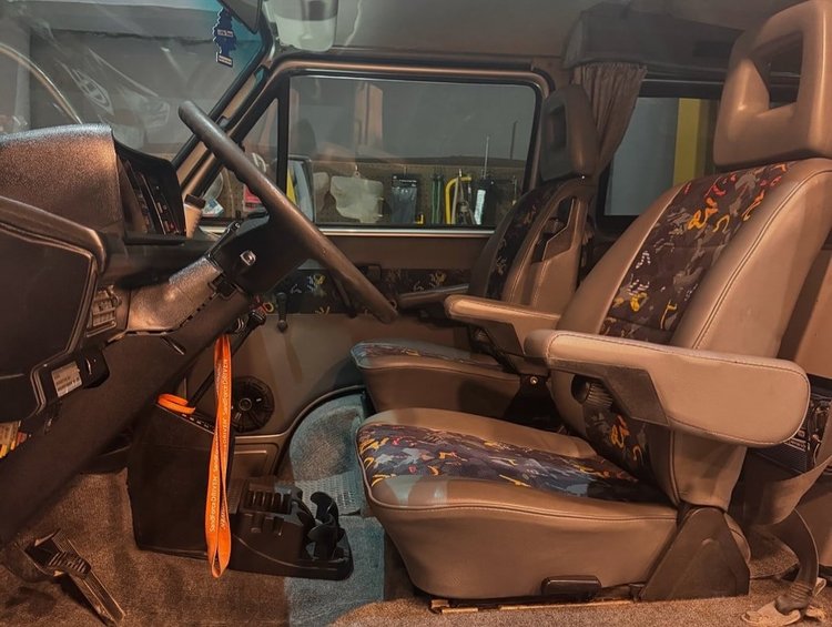 Camper van front seat with patterned center upholstery