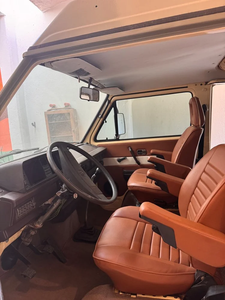Volkswagen camper front seats upholstered in brown