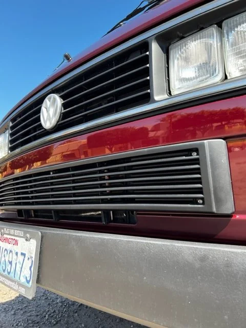 Low-angle view of Volkswagen Vanagon grilles and headlights