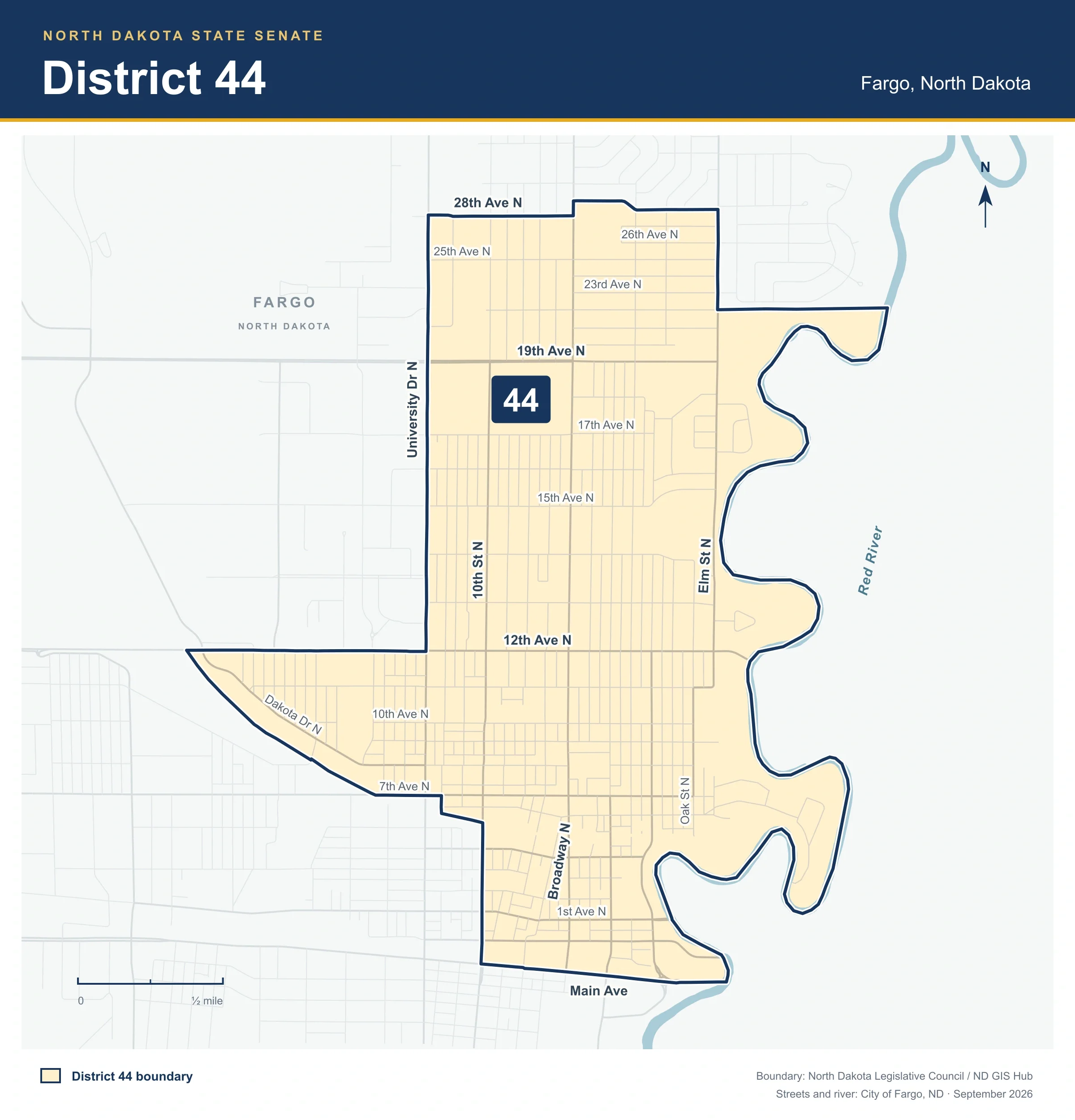 Map of North Dakota District 44 in Fargo, showing the district boundary, major streets, and the Red River.