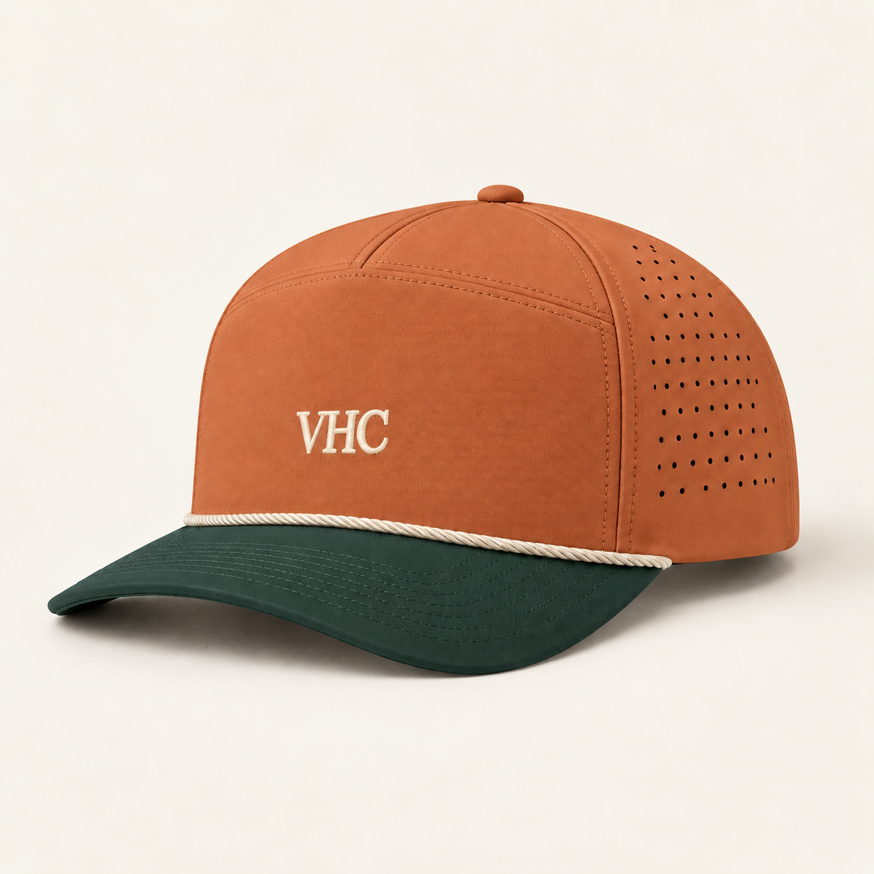 VHC signal colorway concept, with structured crown, curved brim, rope and perforated side panels.