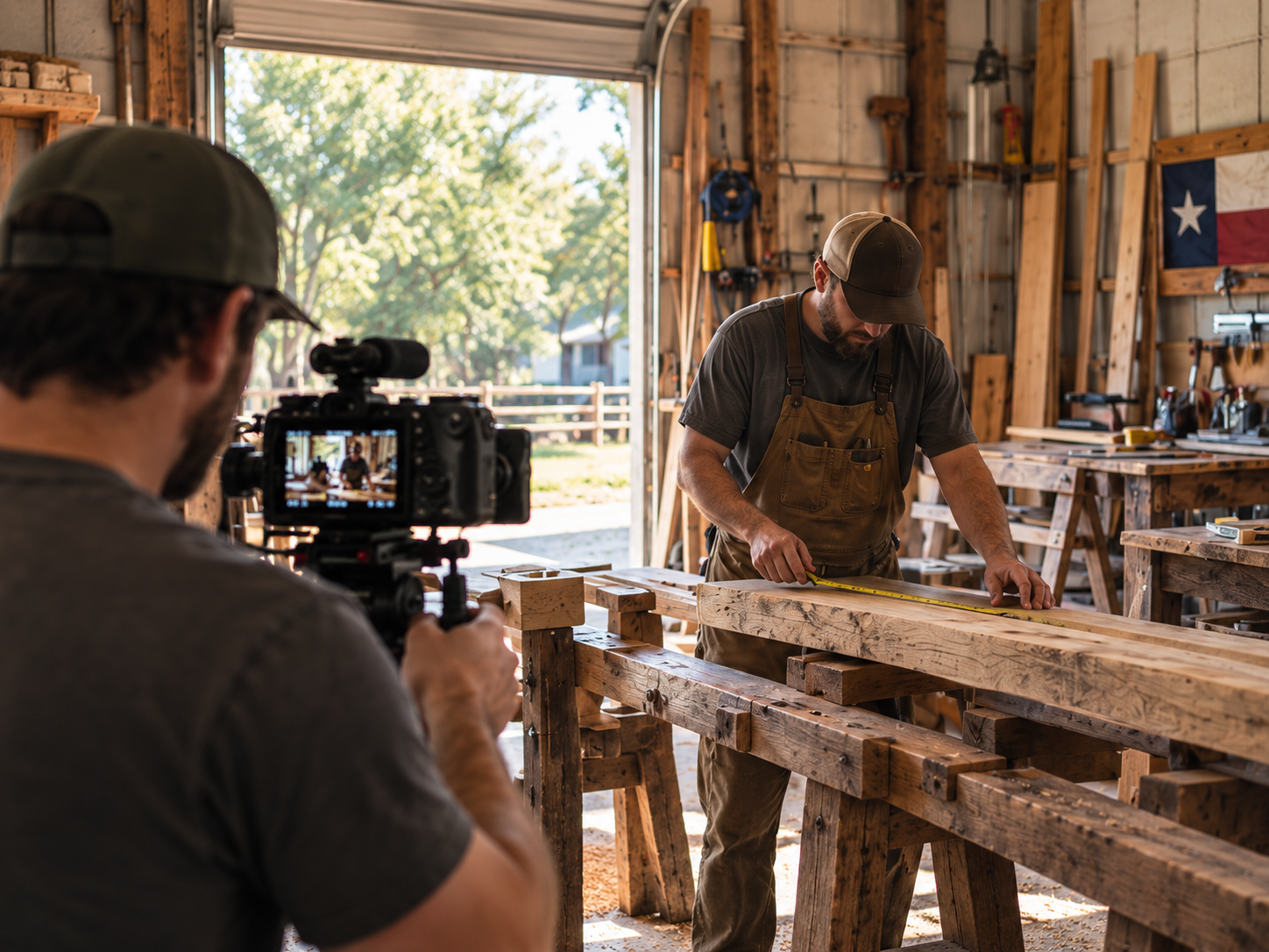 AI concept scene of a camera operator filming a maker measuring timber in a workshop.