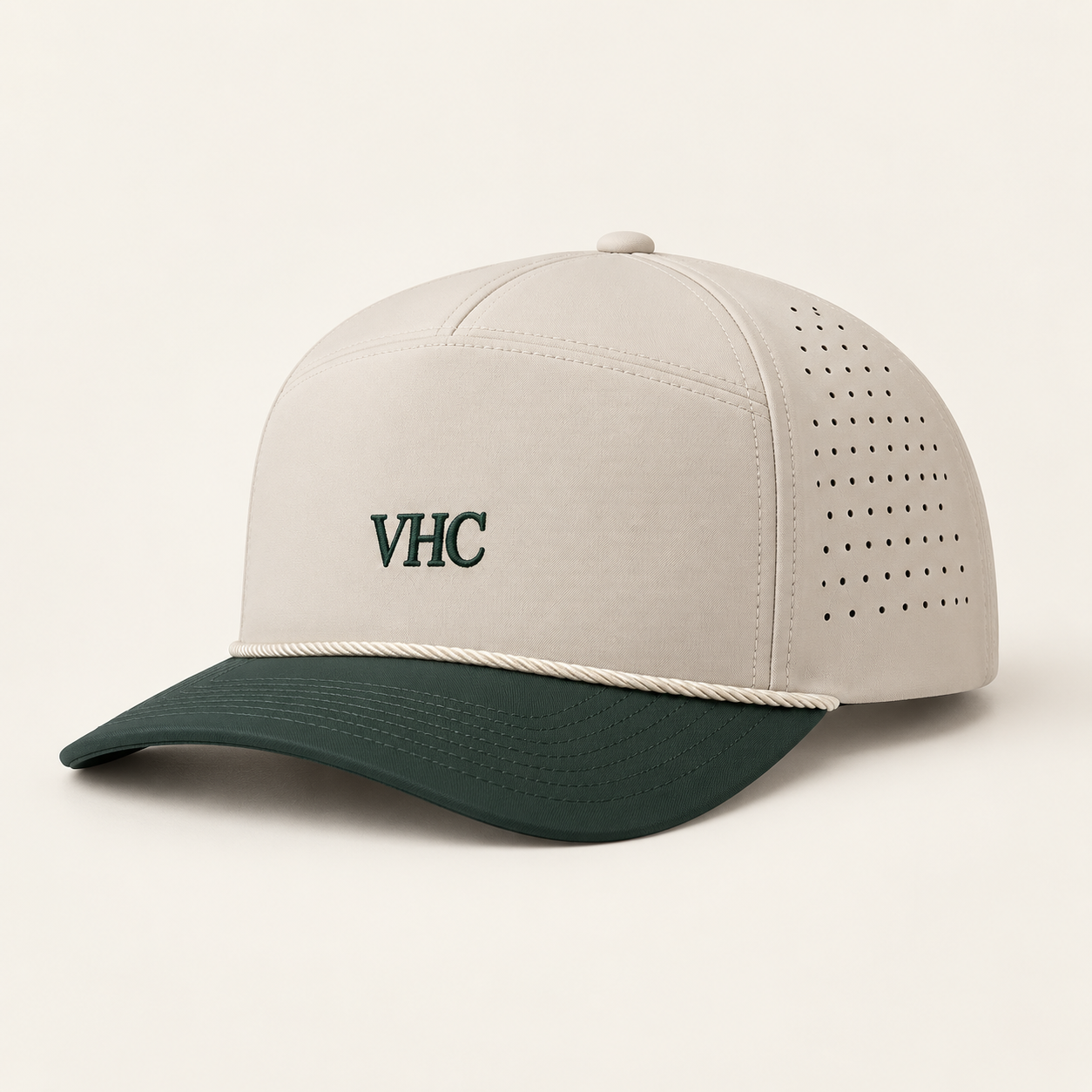 VHC sand colorway concept, with structured crown, curved brim, rope and perforated side panels.