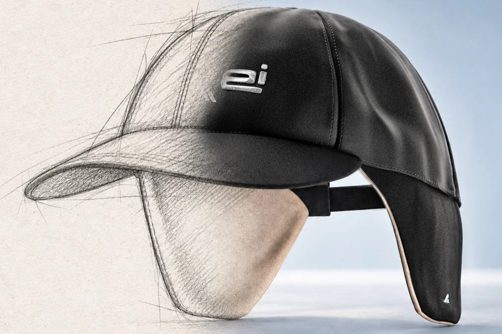 Illustrative cap concept transitioning from sketch lines to a realistic material render.