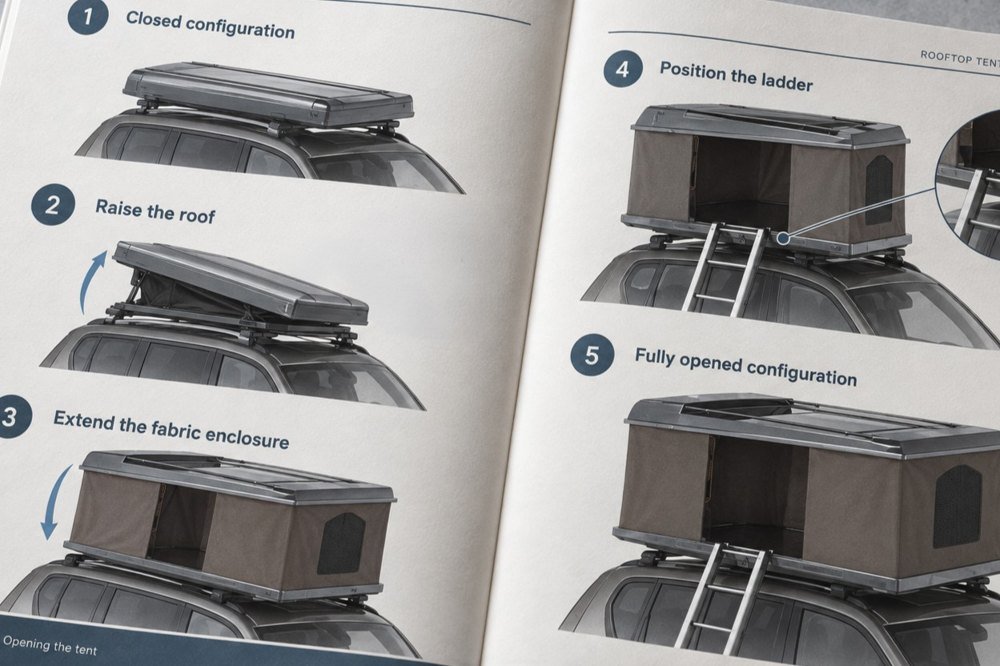 Illustrative product manual with roof tent installation diagrams and numbered steps.