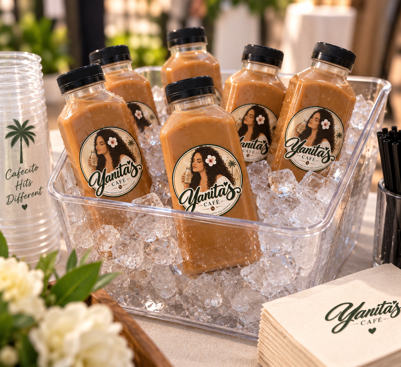 Five bottles of Yanita's coffee chilling in ice