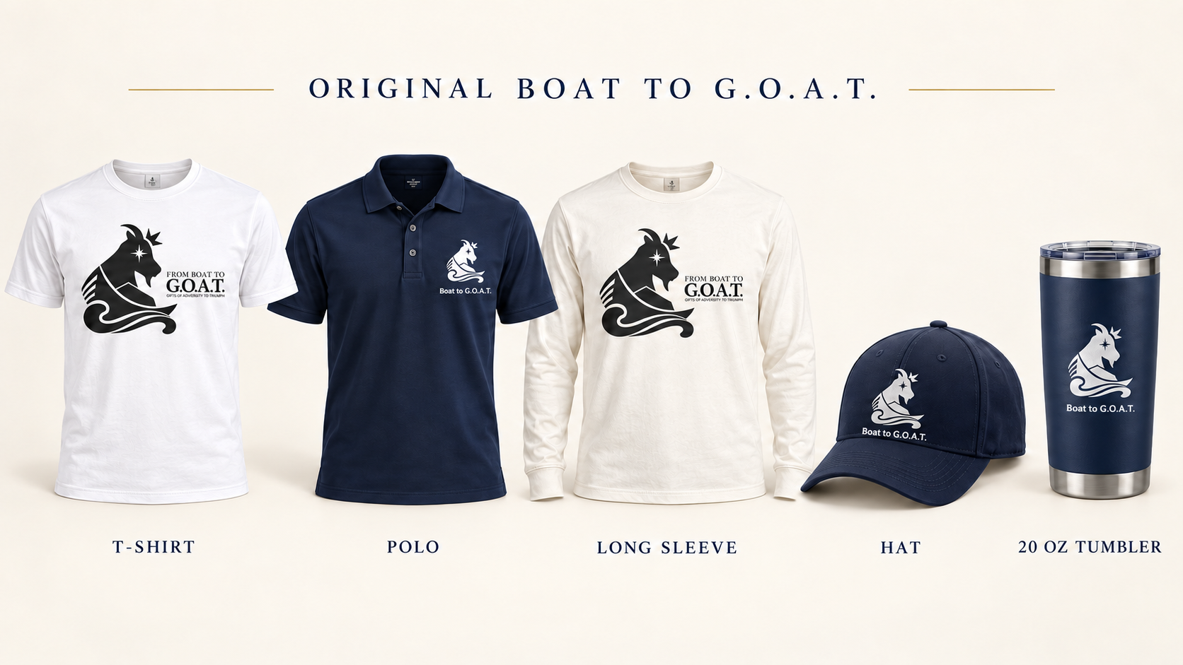 Original Boat to G.O.A.T. logo on five core products