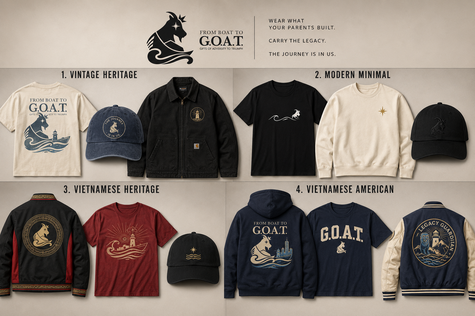 Vintage Heritage, Modern Minimal, Vietnamese Heritage, and Vietnamese American apparel directions