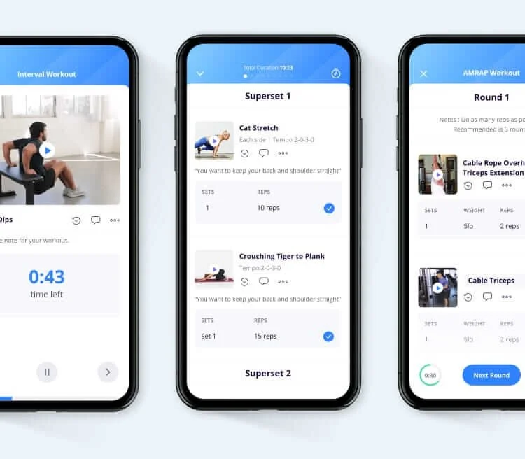 Coaching app showing workout instructions and progress tracking