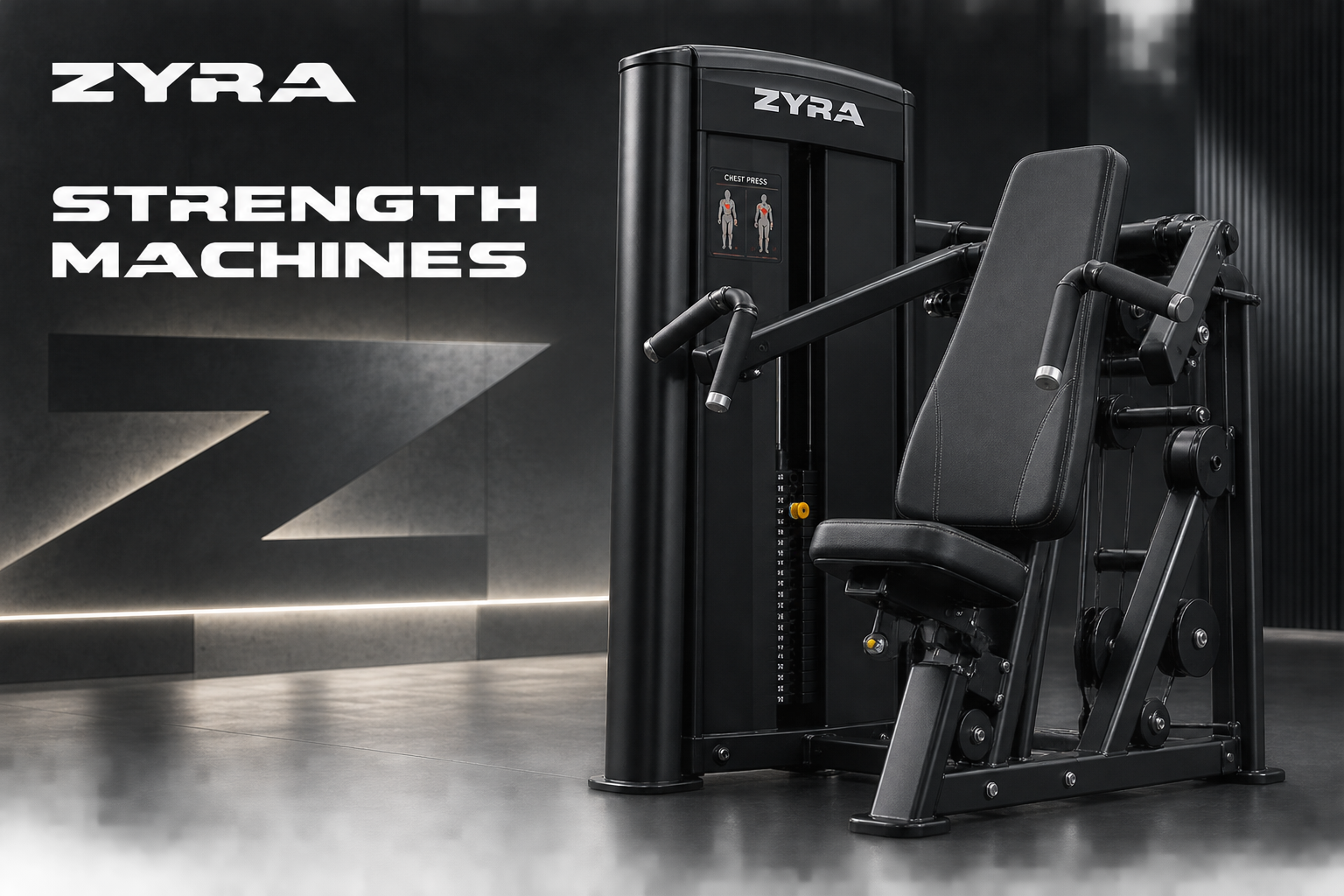 ZYRA Strength Machines artwork showing a black chest press machine