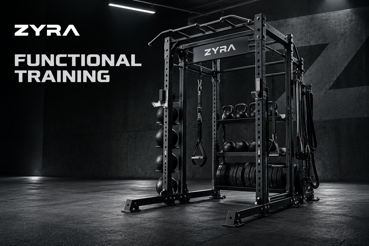 ZYRA Functional Training artwork showing a rack with training accessories
