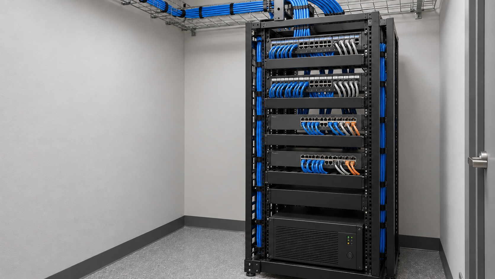 Illustrative structured cabling room with an organized network rack and neatly managed patch cables