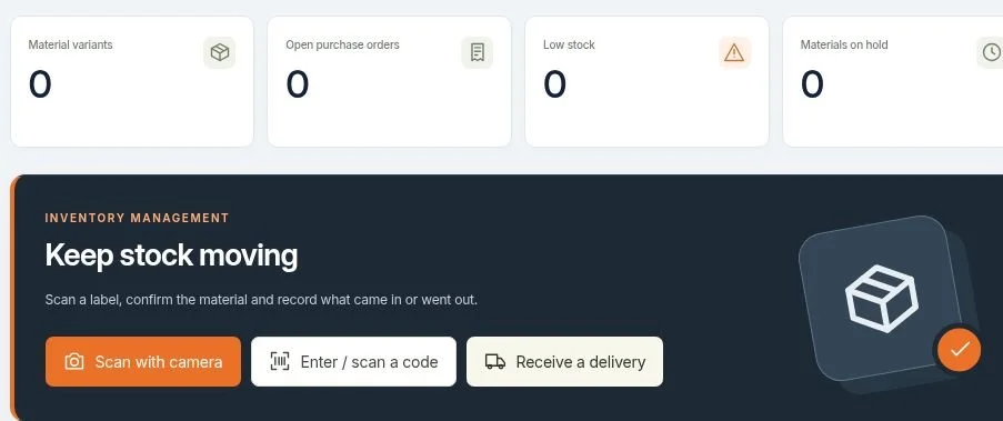 Actual SiteThread inventory overview: stock indicators and receiving and scanning controls