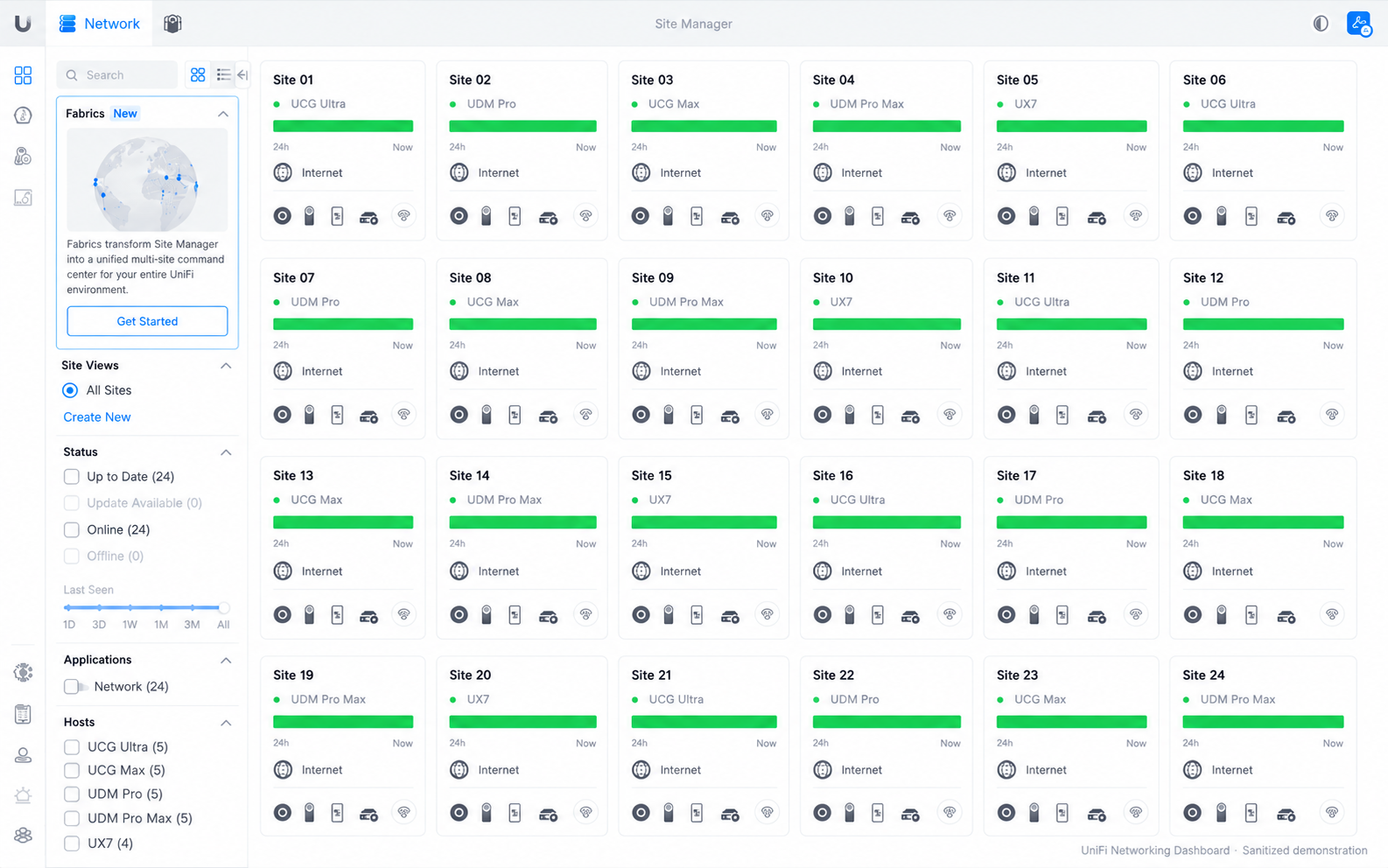 Sanitized UniFi Networking Dashboard with 24 generic managed-site cards
