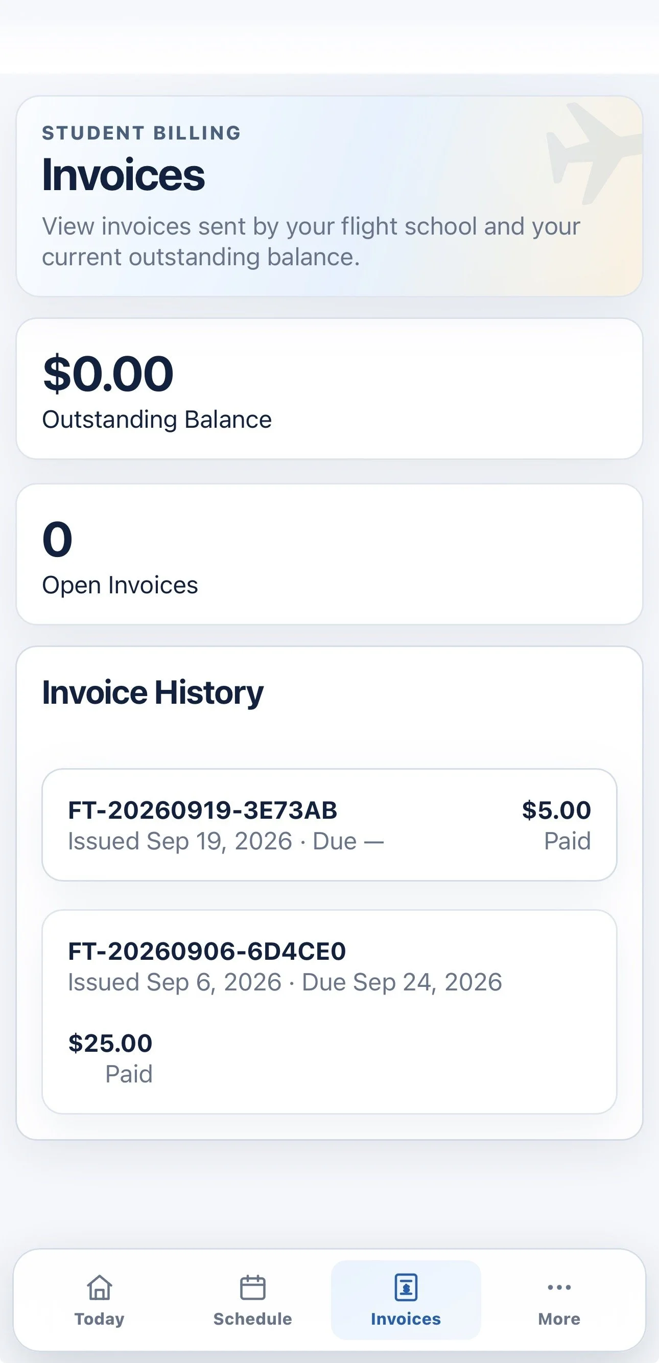 AvSuite Pro student invoice history on a phone
