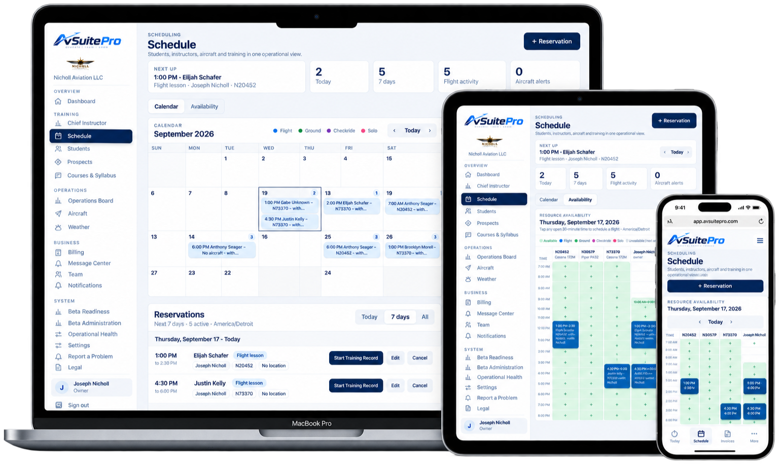 AvSuite Pro scheduling displayed on a laptop, tablet, and phone