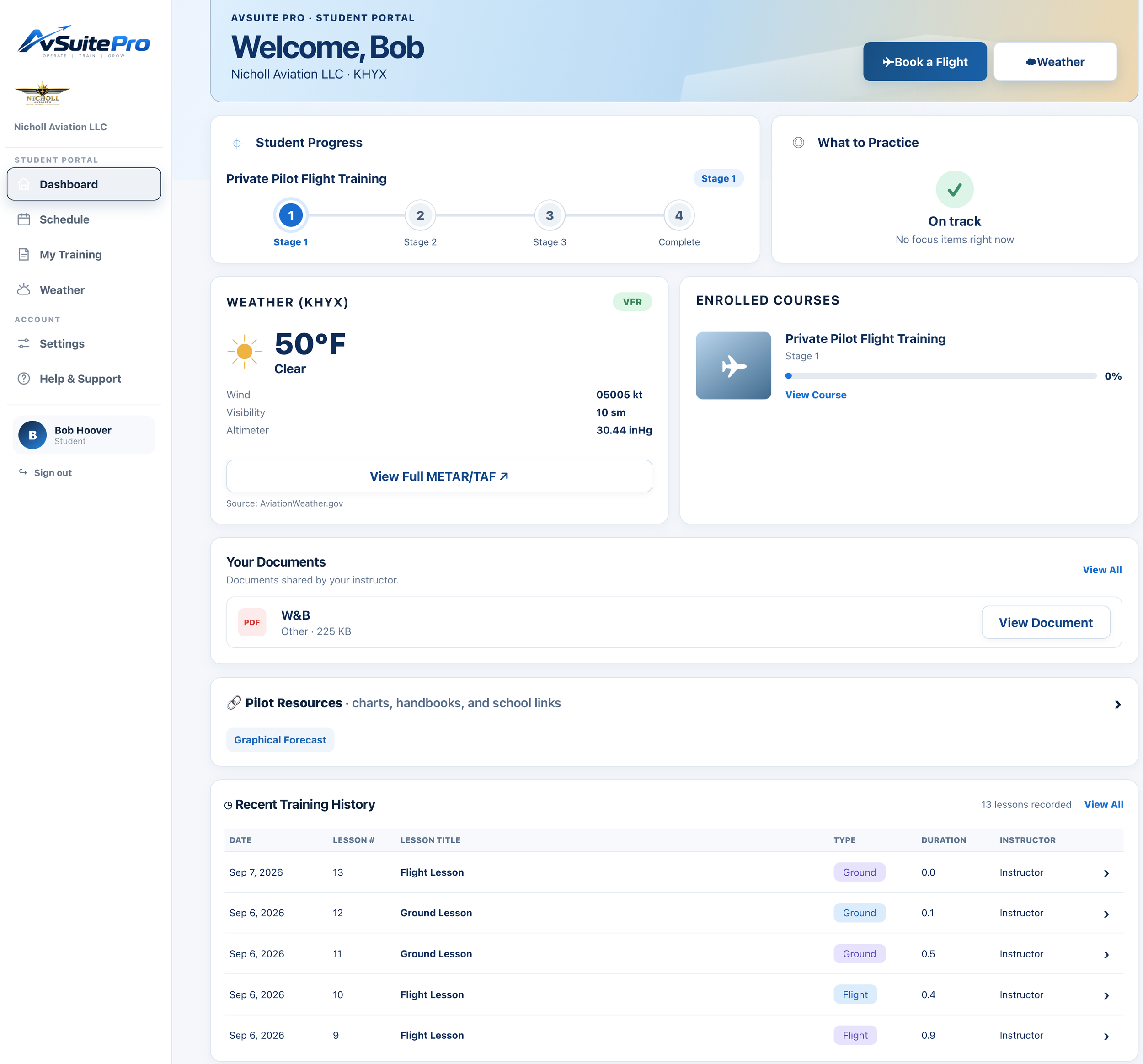AvSuite Pro student portal showing training, weather, and course information
