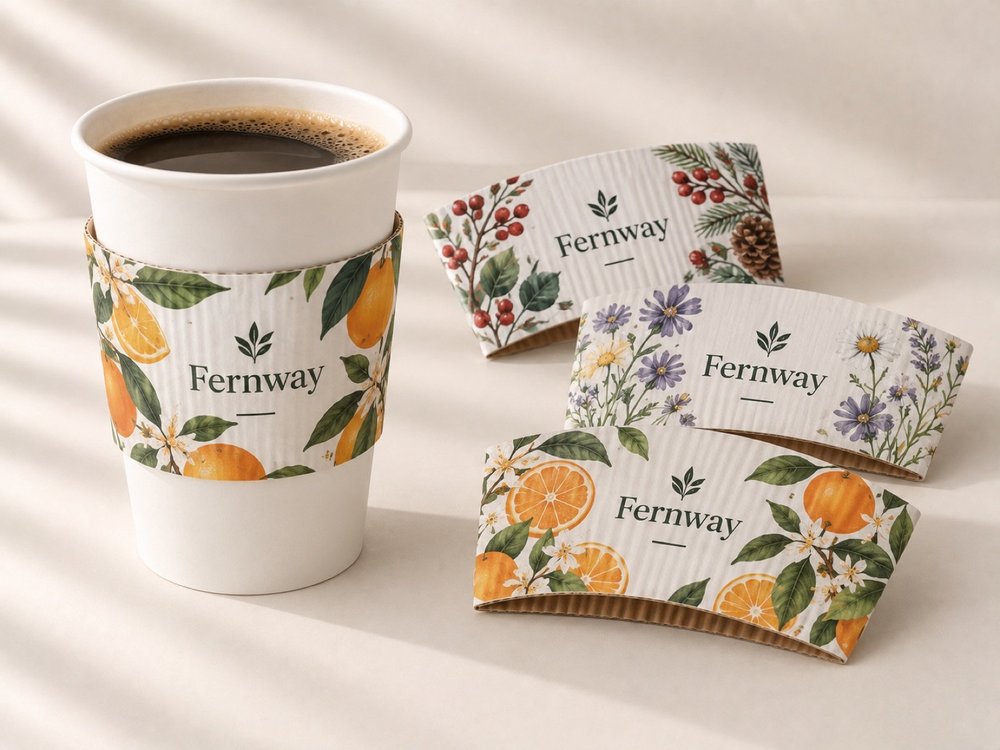 Full colour custom coffee sleeves on white board