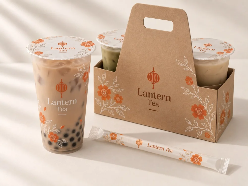 Custom boba cups, sealing film, 12 mm straws and cup carrier