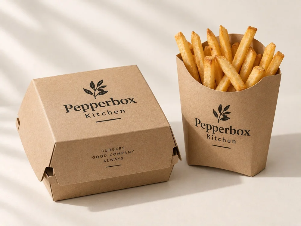Custom burger boxes and french fry boxes, kraft with logo