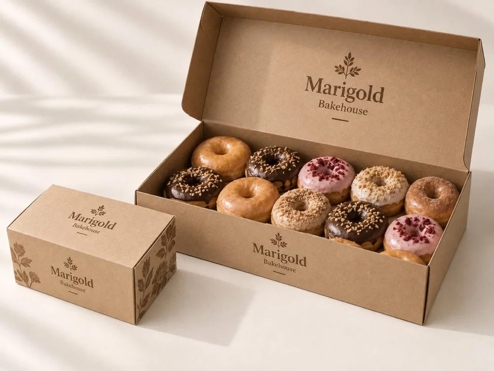 Custom donut boxes, dozen, hinged lid