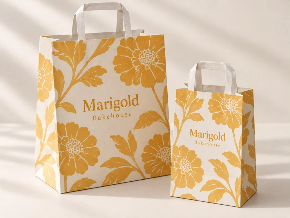 Custom printed white paper shopping bags with flat handles