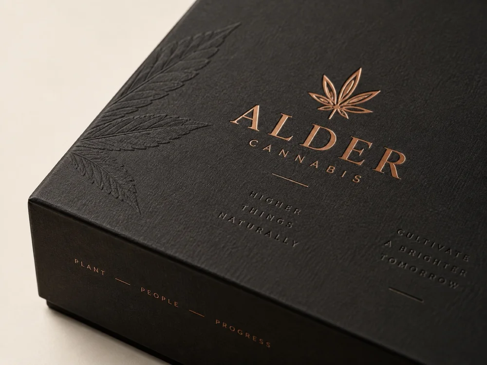 Copper foil stamp and emboss detail on a black rigid box