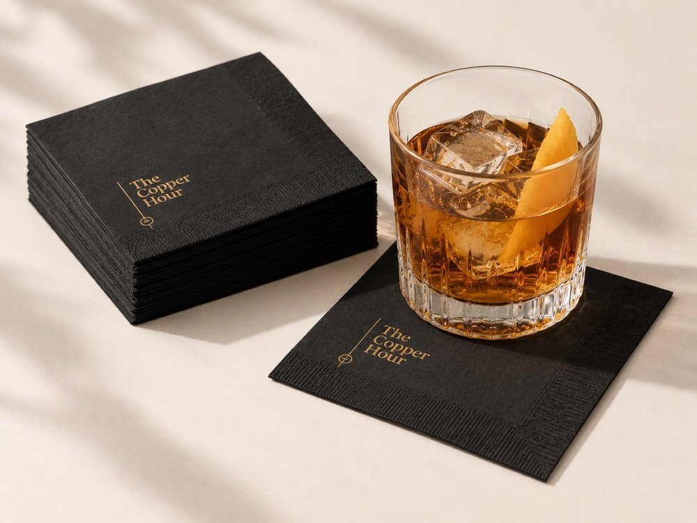 Custom printed cocktail napkins, black with one colour logo