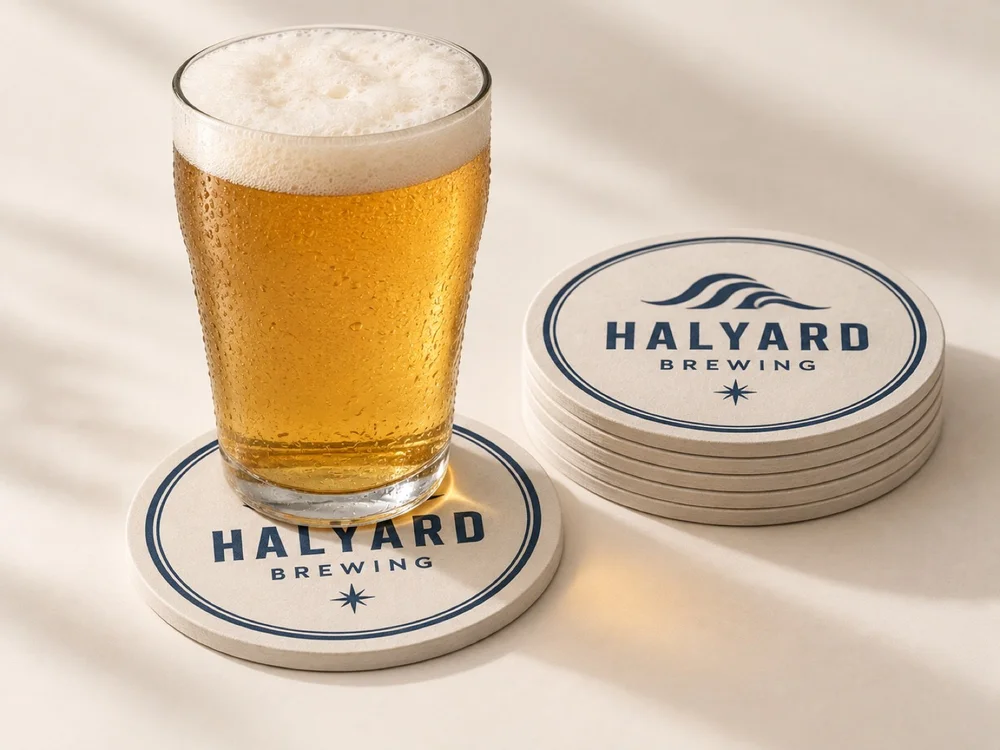 Custom pulpboard bar coasters, 80 pt, with a sweating glass