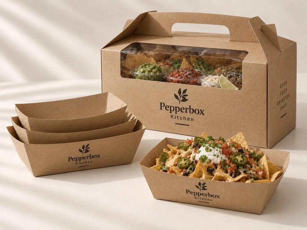 Custom paper food trays and catering box with handle