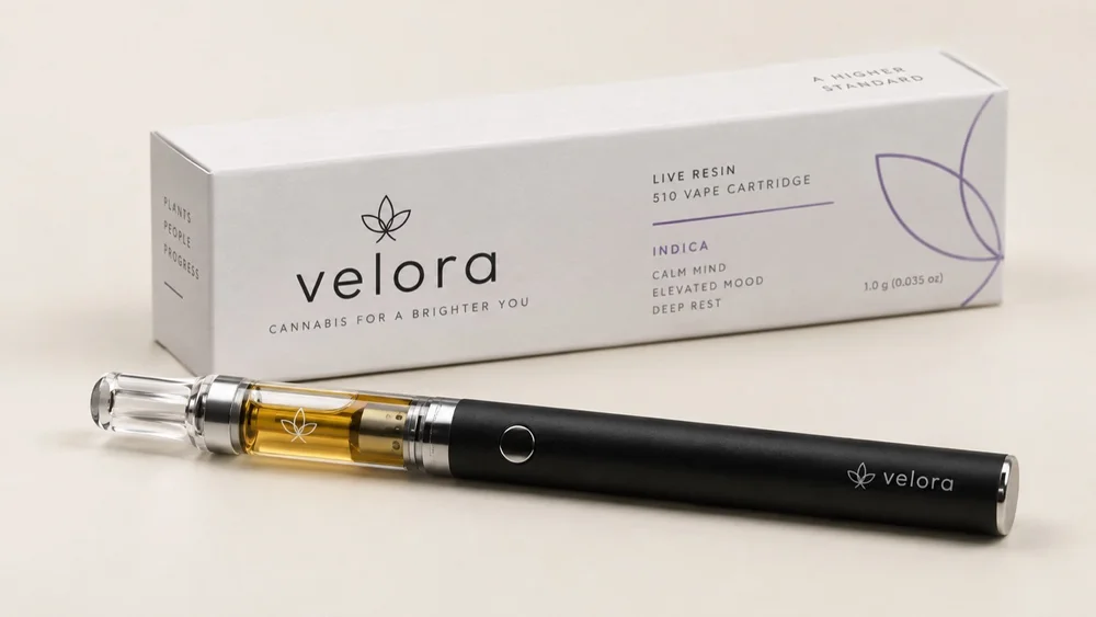 Custom 510 vape cartridge on a battery with its printed box
