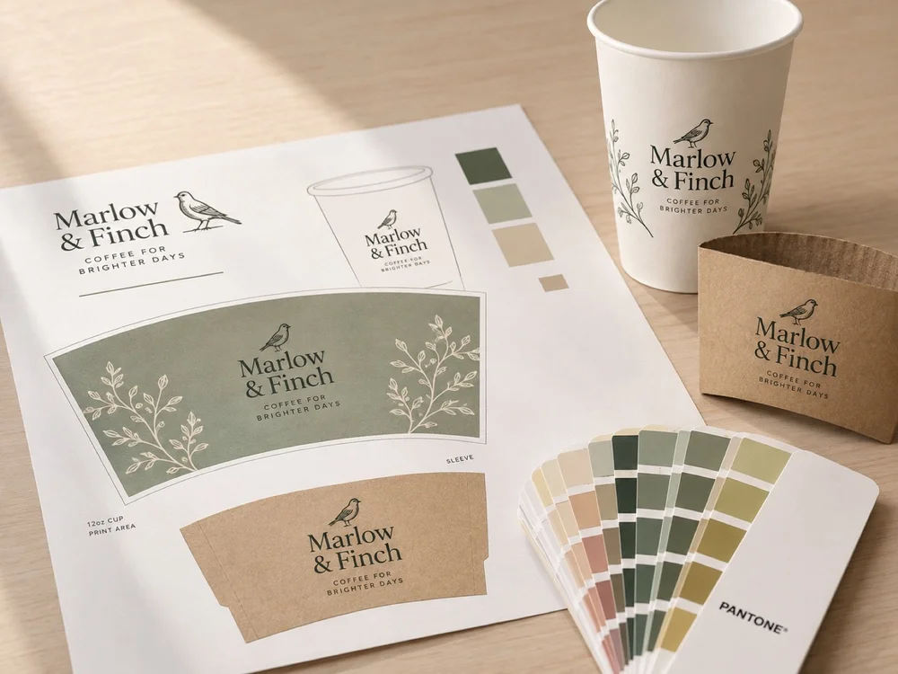 Custom packaging artwork proof with Pantone swatches, blank cup and sleeve