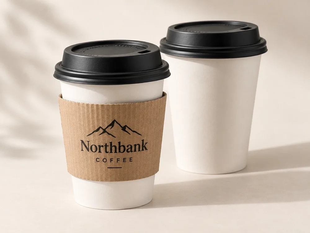 Single wall custom paper coffee cups with printed sleeve