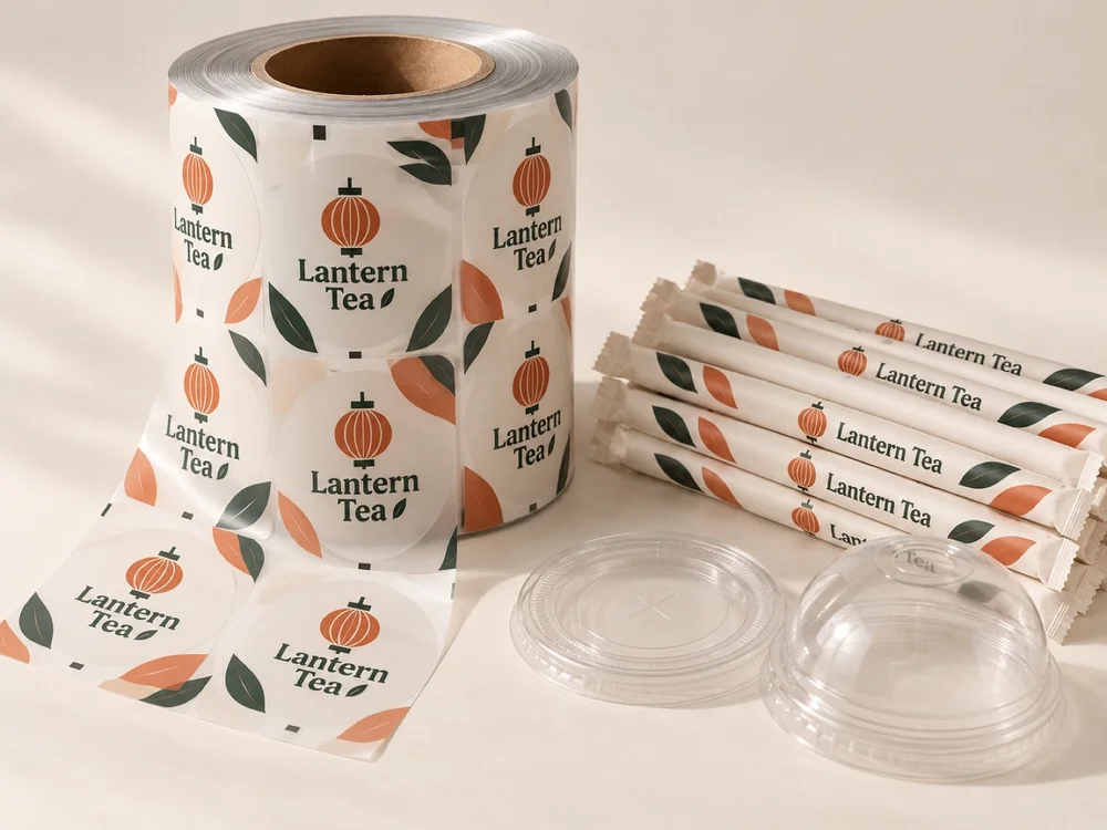 Printed sealing film roll and custom wrapped straws
