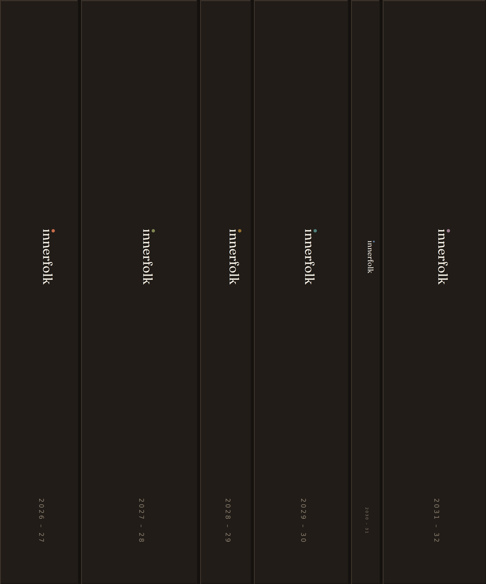 Six Annual Editions on a shelf, one color a year.