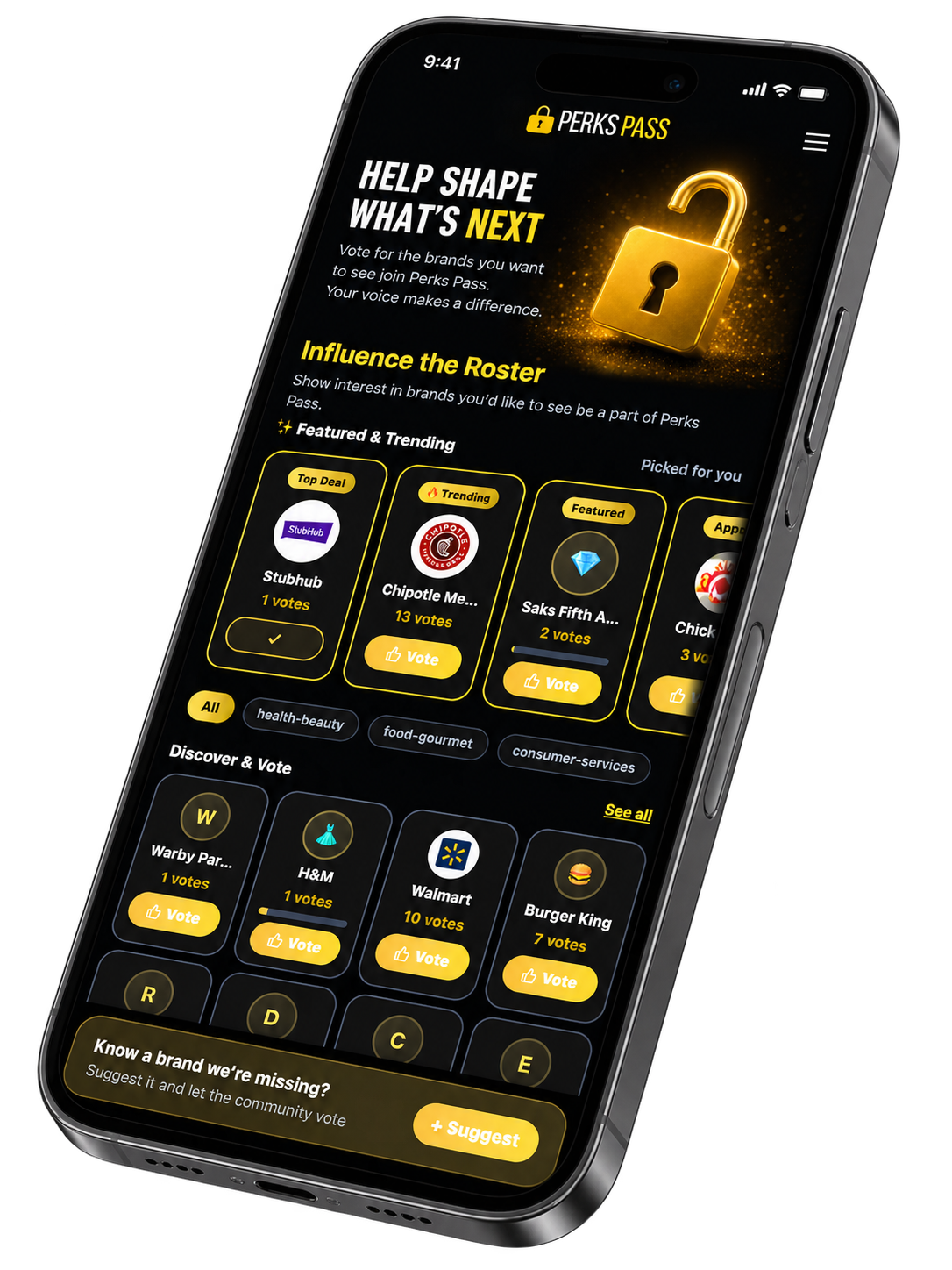 Perks Pass app showing the brand voting experience