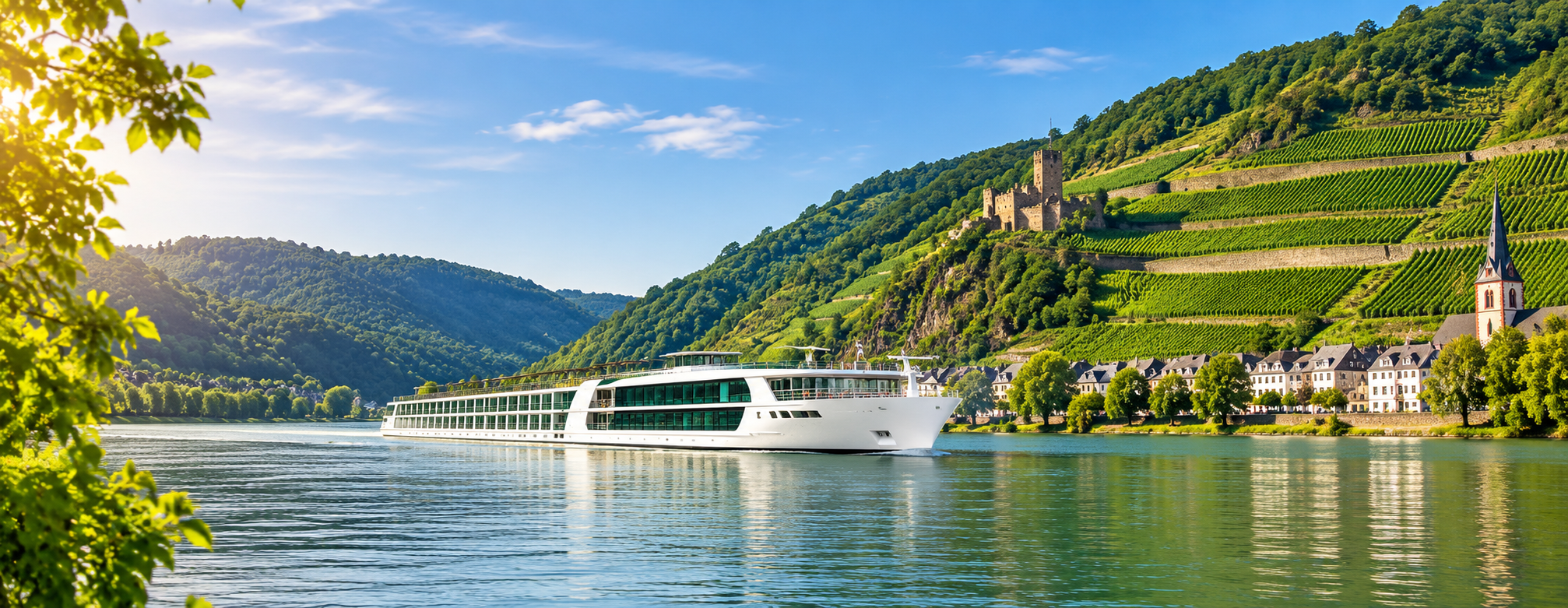 Illustration of a river cruise ship passing hillside vineyards and a riverside village