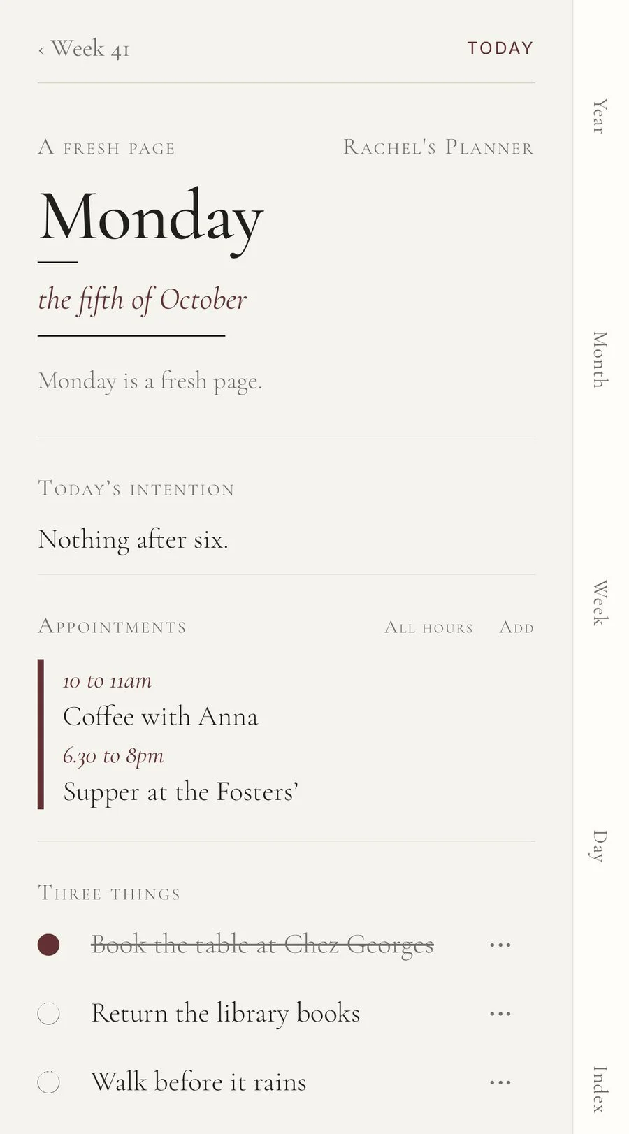 A Monday page in Lundi: the date, an intention that says Nothing after six, two appointments and three things