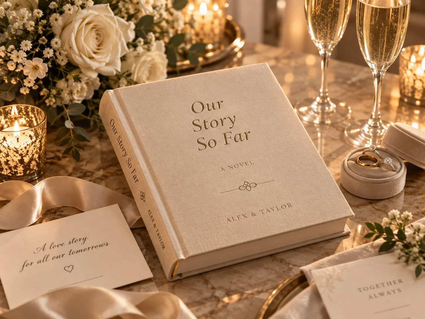 A finished custom wedding novel with the couple's names on the cover