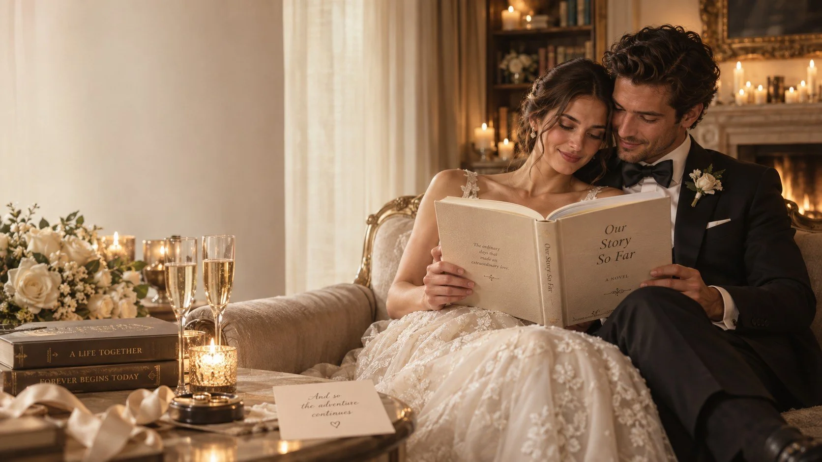 A couple reading their custom wedding novel - My Dream Novel