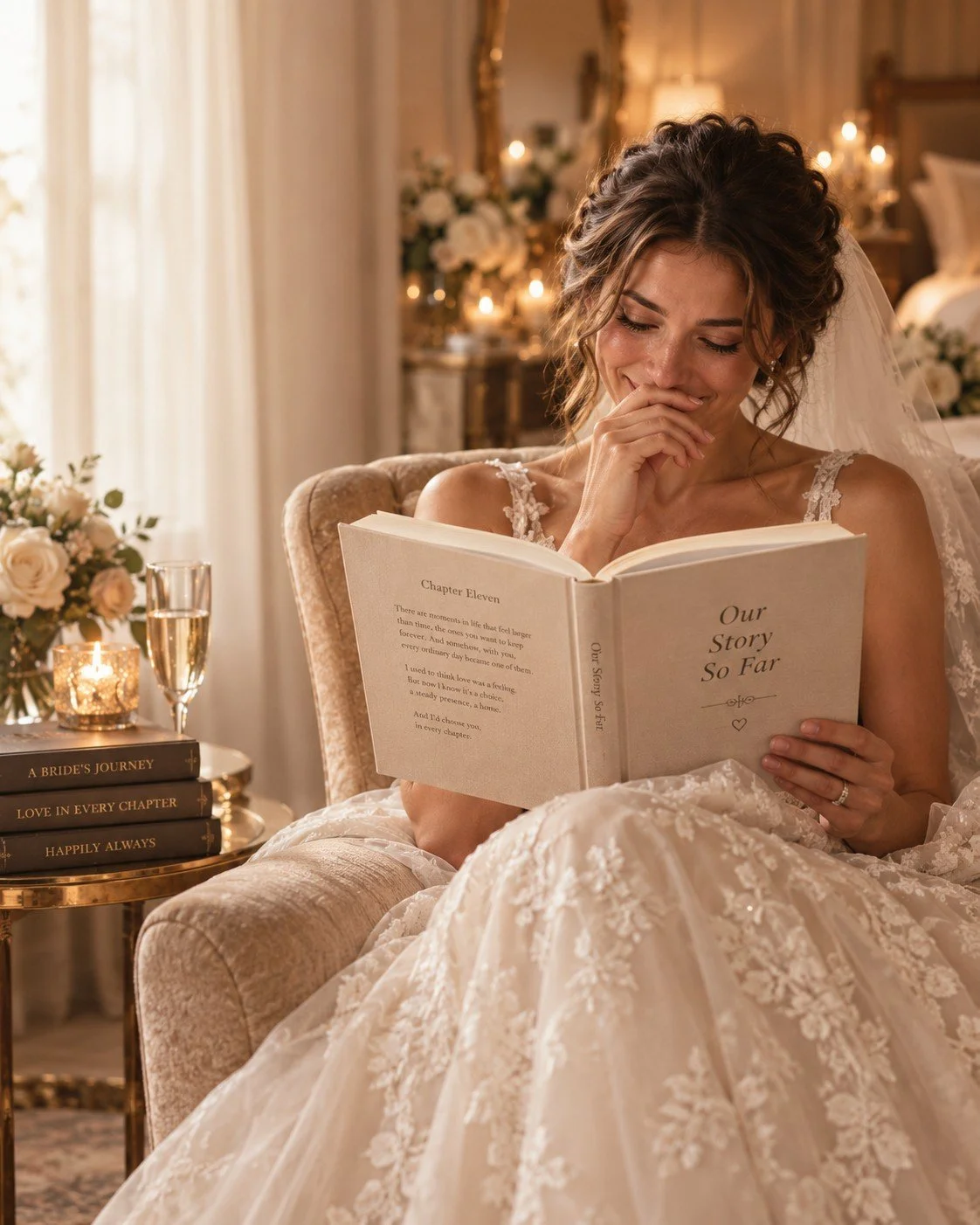 A bride reading her custom wedding novel