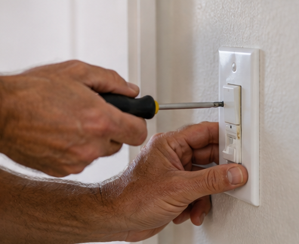 Hands repairing a household light switch