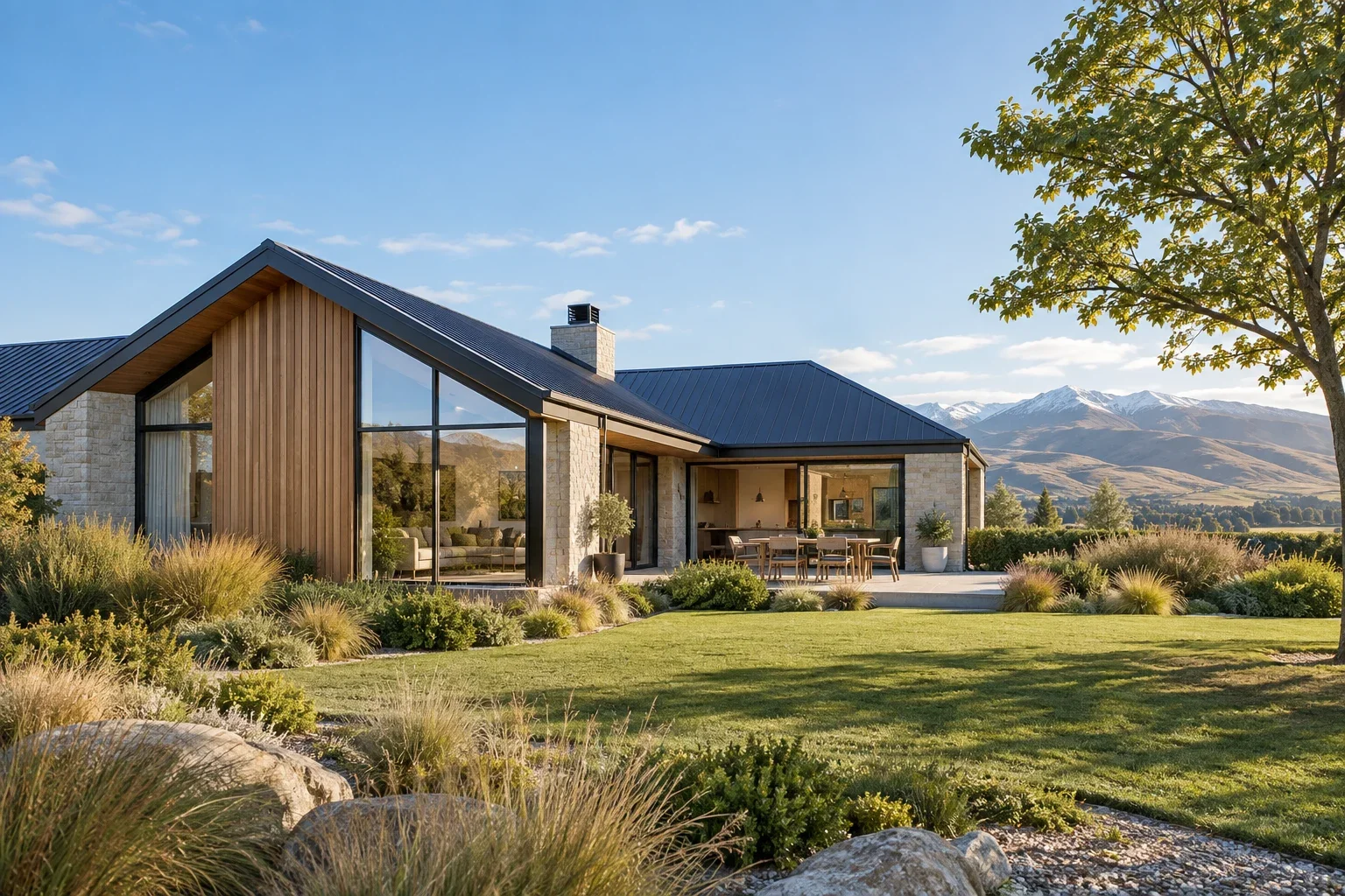 Contemporary home with a timber exterior and a landscaped garden
