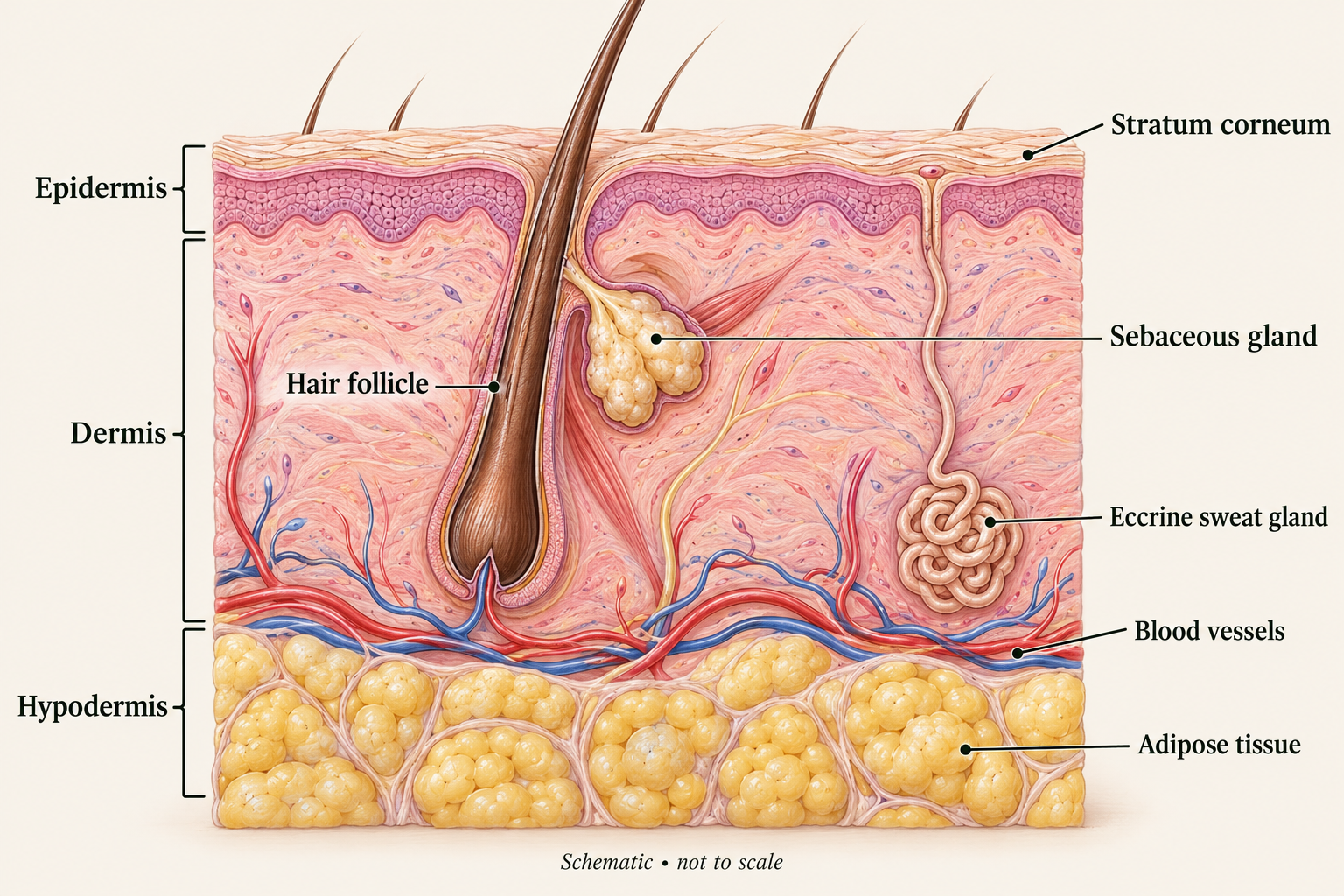 Cross-section of hair-bearing thin skin showing epidermis, dermis and underlying hypodermis, with a follicle, glands, blood vessels and adipose tissue.
