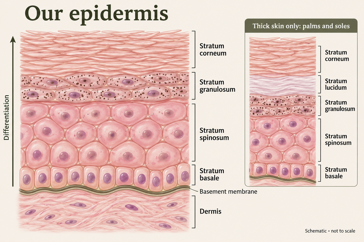 Four layers of thin skin epidermis, with a separate thick skin inset showing the additional stratum lucidum between the granular and cornified layers.