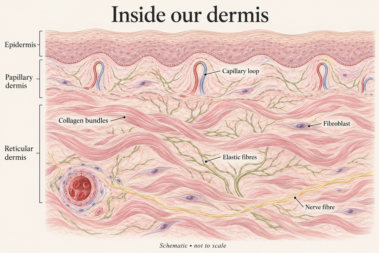 Papillary and reticular dermis with collagen bundles, elastic fibres, fibroblasts, a capillary loop and a nerve fibre beneath the epidermis.