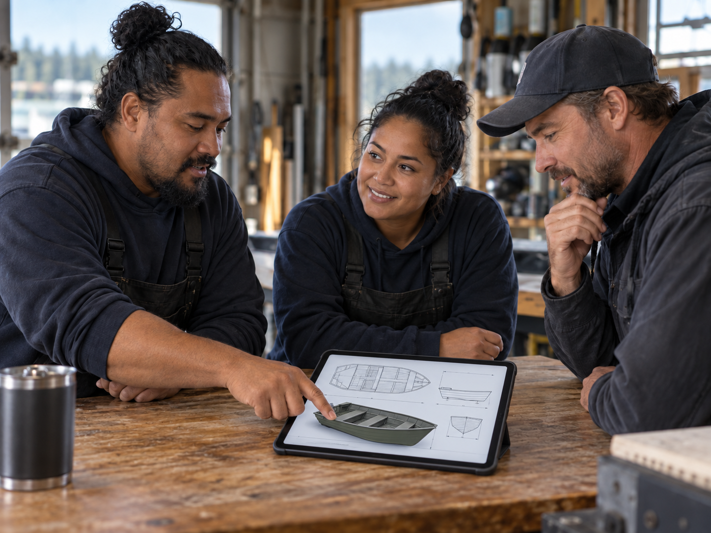 Illustrative marine team and customer reviewing a boat upgrade design on an iPad