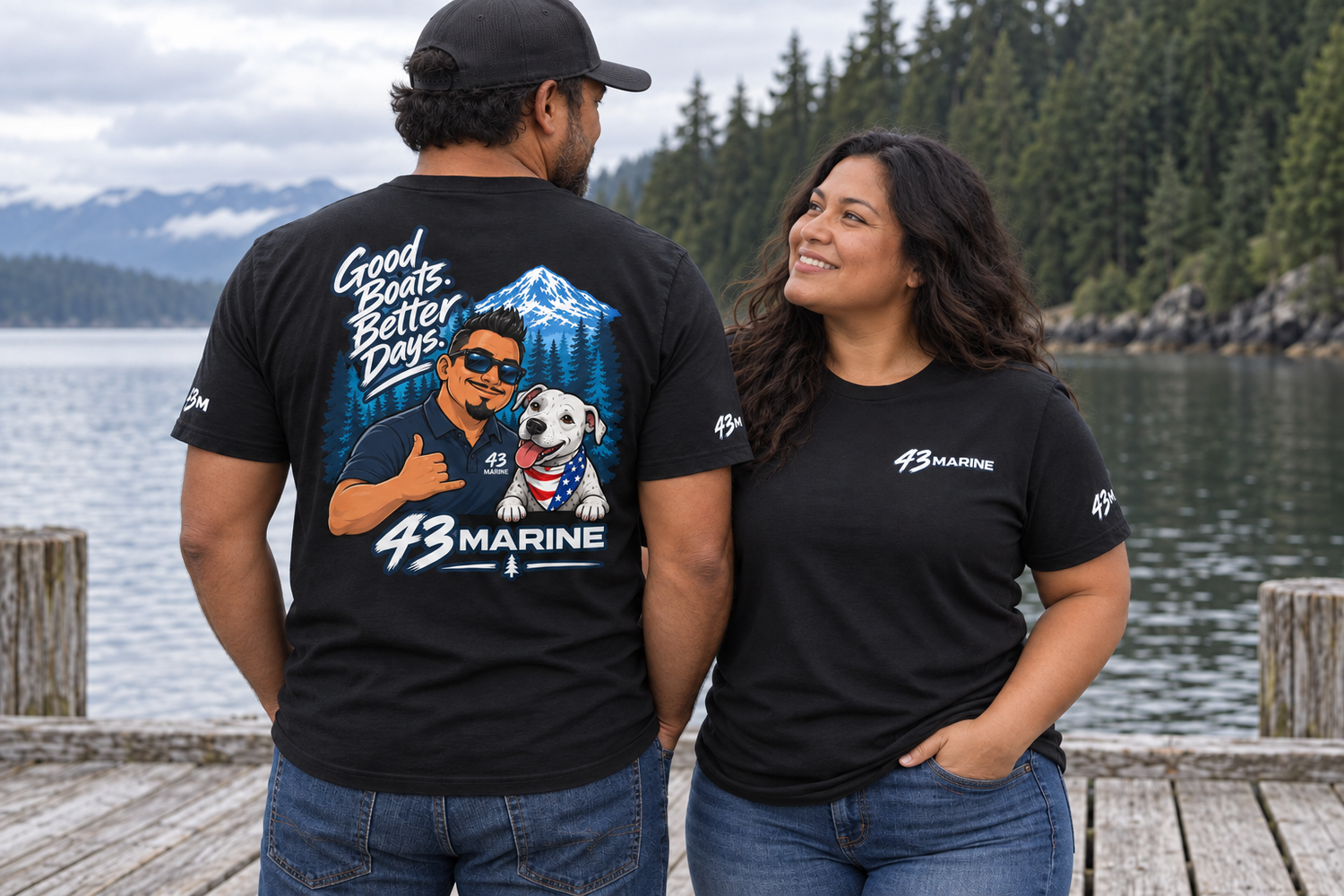 43 Marine campaign models wearing Good Boats tees on a Pacific Northwest dock